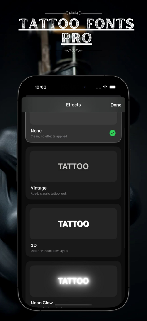 A smartphone screen showing different text effect options in the Tattoo Fonts Pro app including Vintage 3D and Neon Glow.