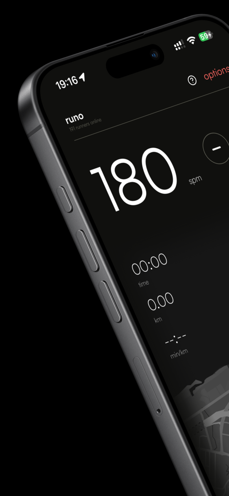 runo - Metronome for Running - Interfaz minimalista oscura de la aplicación de carrera runo en un iPhone que muestra la cadencia de 180 SPM y métricas de distancia