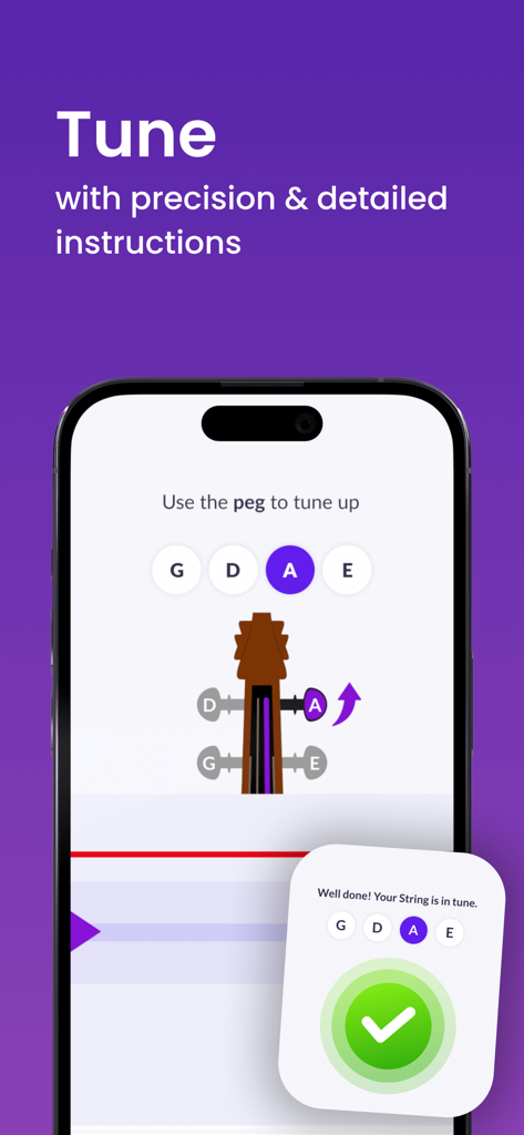 Learn & Play Violin - tonestro - Tonestro app interface showing a chromatic violin tuner with peg instructions and a green checkmark for successful tuning