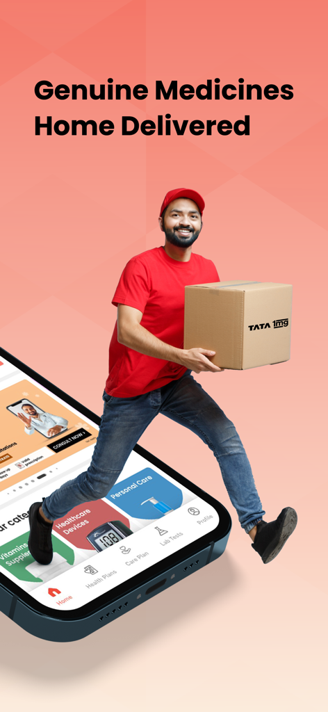 A delivery man in a red uniform carrying a package while jumping out of a smartphone representing home delivery of medicines from the Tata 1mg app.