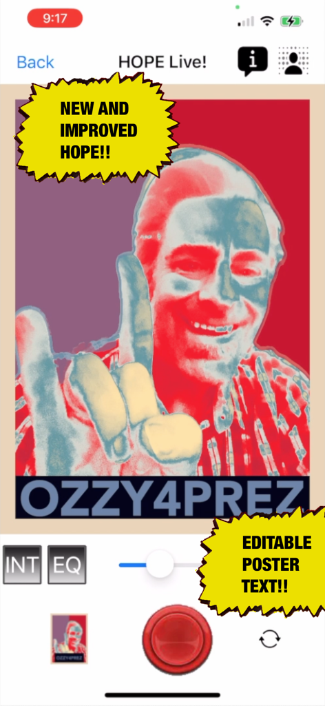Pop Art Lite - Captura de tela do aplicativo Pop Art Lite mostrando um filtro de pôster HOPE estilo Shepard Fairey com texto editável OZZY4PREZ