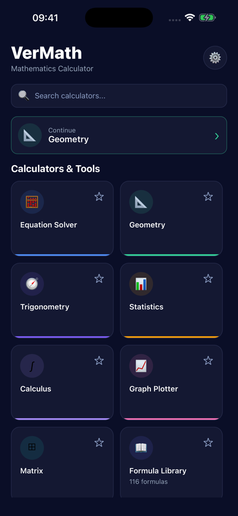 Home screen of the VerMath app displaying various math tool categories like Calculus Geometry and Statistics in a clean dark mode interface