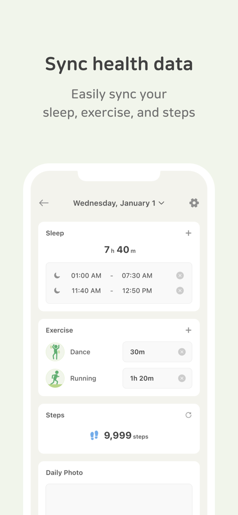 DailyBean - simplest journal - DailyBean app interface showing health data synchronization for sleep, exercise, and steps.