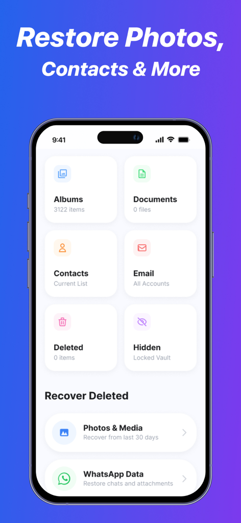 DiskDigger Pro File Recovery - DiskDigger Pro 앱 대시보드에 사진 연락처 및 문서 복원 옵션이 표시됨