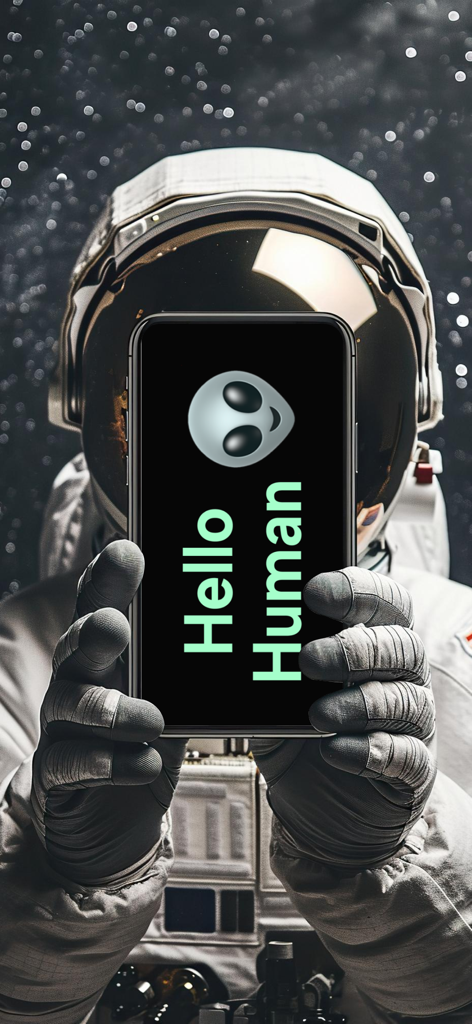 Led Banner - Led Running Text - 宇宙飛行士が宇宙で、エイリアンの絵文字と共に「Hello Human」というLEDバナーメッセージが表示されたスマートフォンを持っている。