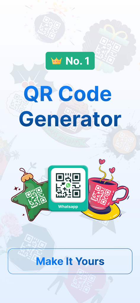 QR Maker: QR Creator & Scanner - QR Maker app showing stylized QR codes on creative shapes like a star and a coffee mug.