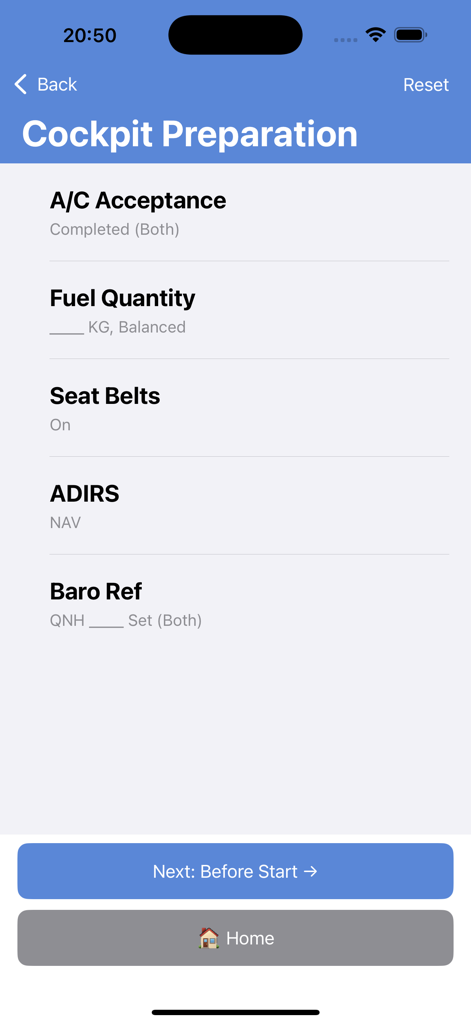 A320 Checklist - A mobile interface for the A320 Checklist app displaying the cockpit preparation stage for flight simulators