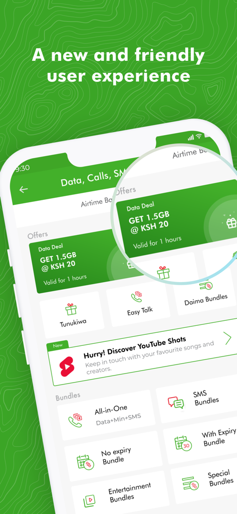 Benutzeroberfläche der MySafaricom-App, die verschiedene Datenpakete und Werbeangebote anzeigt.