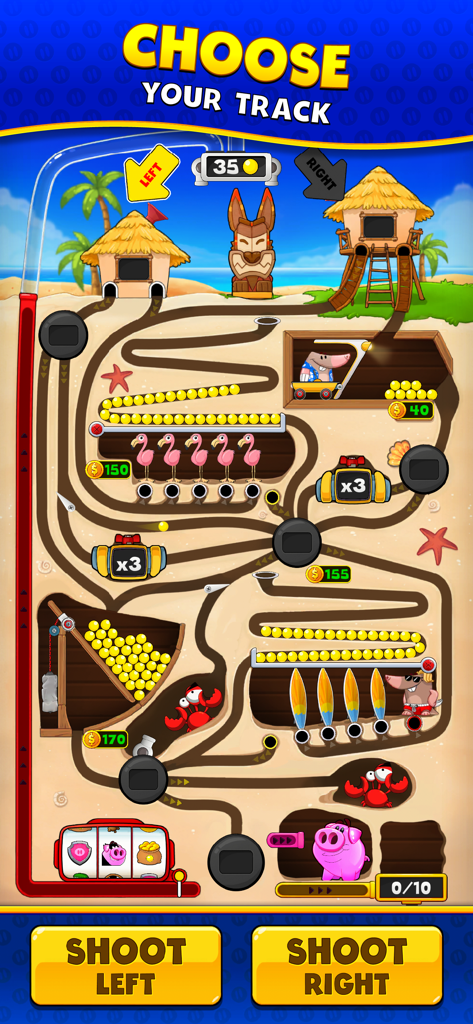 Piggy Prize - Tela do jogo Piggy Prize com trilhas de praia e botões para atirar pérolas para a esquerda ou direita