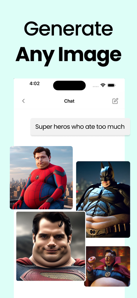 Chat Genius - AI Bot Assistant - App Chat Genius che mostra immagini generate dall'AI di supereroi da un prompt di testo.