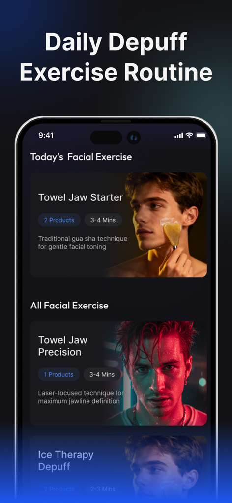 Depuff AI: Bloatdown & Debloat - A mobile app interface displaying daily facial exercises and jawline sculpting routines for men
