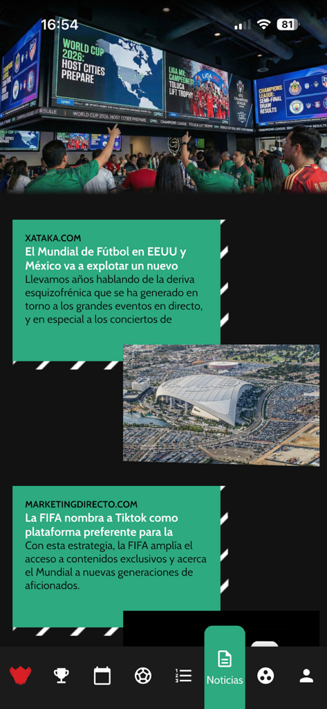 Quiniela PRO - Soccer news feed in Quiniela PRO app showing World Cup 2026 and Liga MX updates