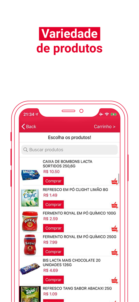 No Mercado - Screenshot of the No Mercado app showing a variety of Brazilian grocery products for delivery