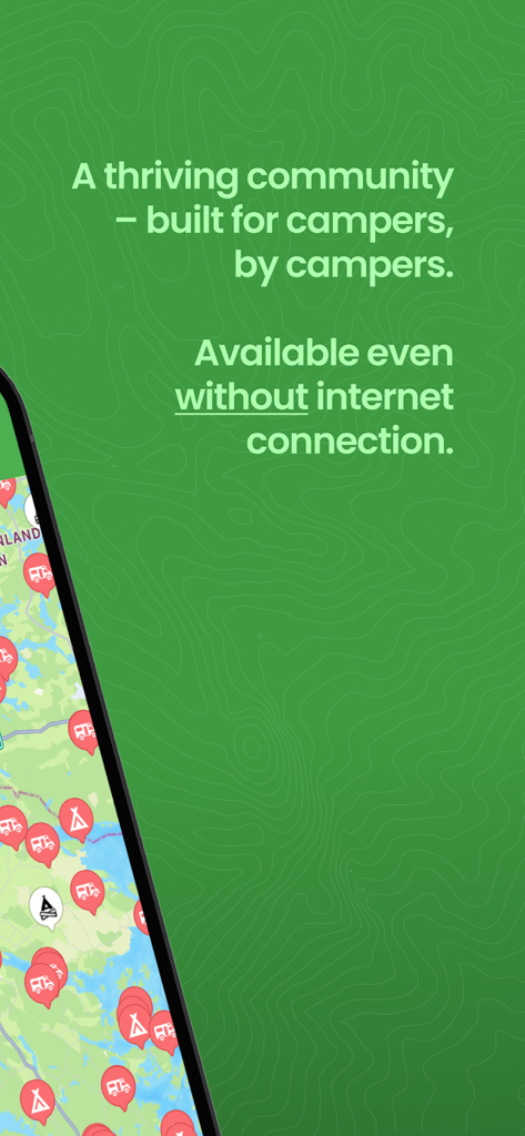 Stellplatz Europe app screen showing a map with campsite locations and text about offline availability
