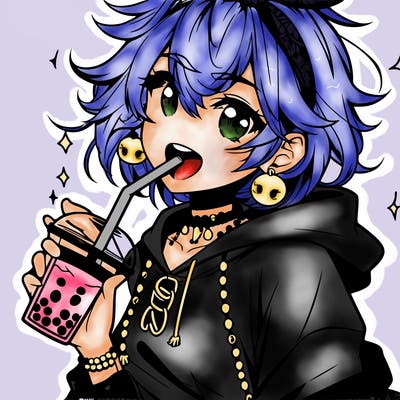 hot baddie anime girl drinking boba and biting the straw