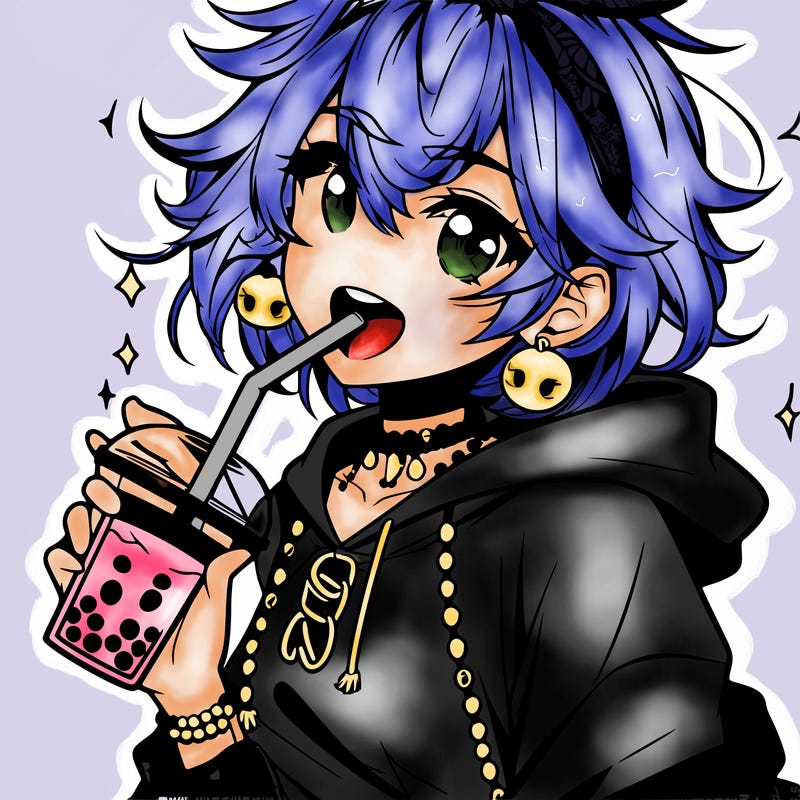 hot baddie anime girl drinking boba and biting the straw