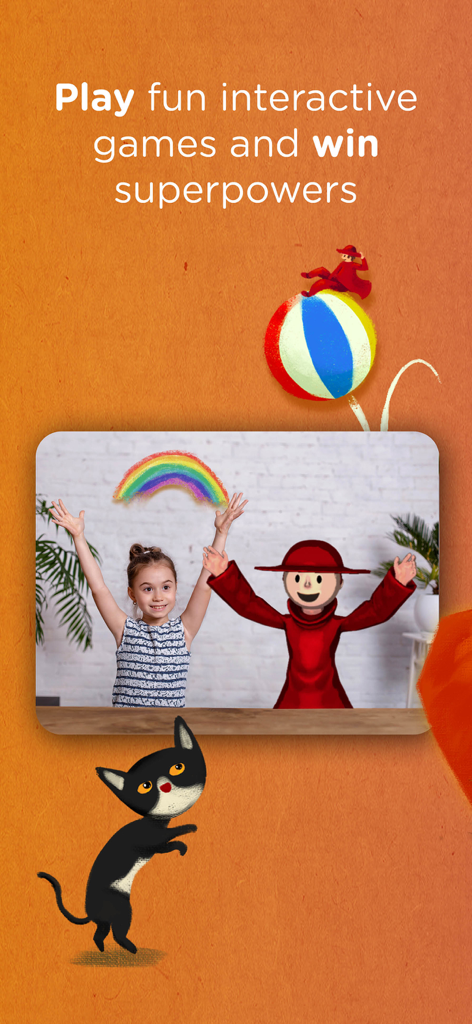A young girl and the character Wisdom interact in front of a rainbow to win superpowers through educational games.
