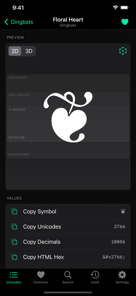 Interface do aplicativo Codepoint mostrando métricas tipográficas e opções de exportação de código para um símbolo de coração floral.