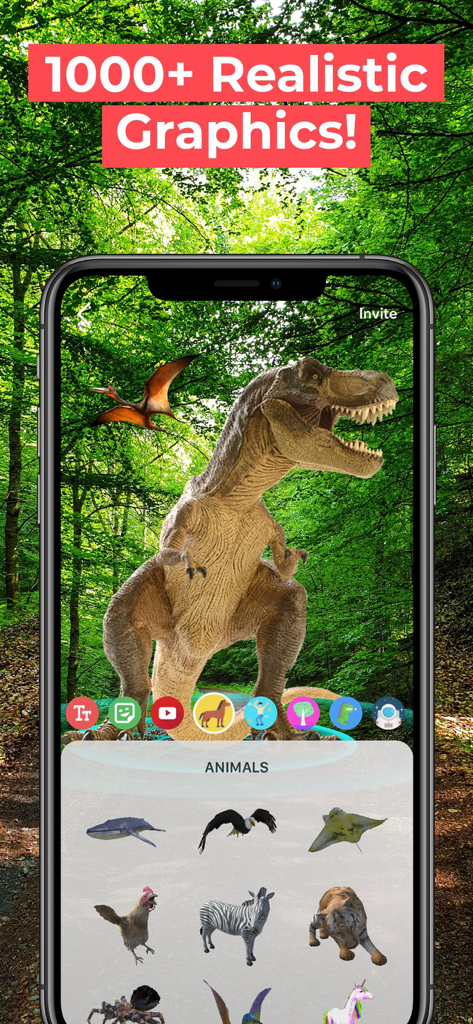 Leo AR Camera app displaying a realistic 3D T-Rex in a forest background with a selection menu of animal models