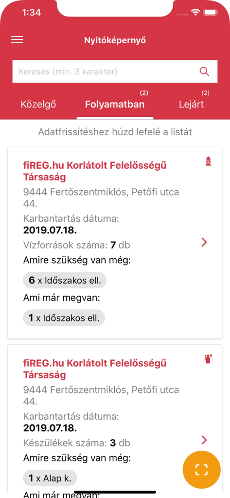 fiREG mobile app dashboard showing a list of active fire safety inspections and maintenance tasks