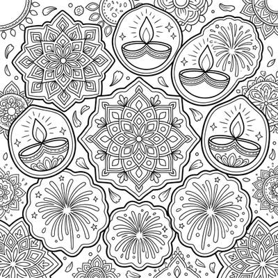 Immerse yourself in the joy of Diwali with this unique coloring page featuring beautifully decorated sugar cookies. Each cookie is adorned with traditional motifs like rangoli patterns, diyas, and festive fireworks, offering a delightful and intricate coloring experience.