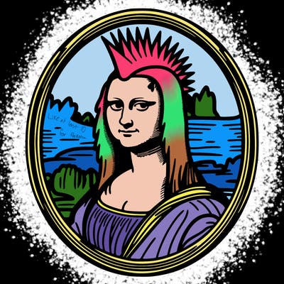 leonardo da vinci's "mona lisa" with punk hairstyle, realistic, thin borders