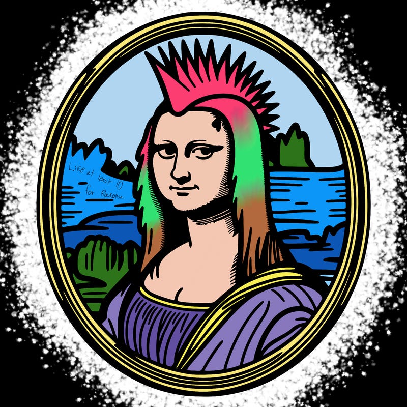 leonardo da vinci's "mona lisa" with punk hairstyle, realistic, thin borders