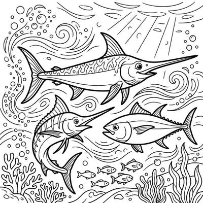 Embark on an exciting underwater journey with this dynamic coloring page featuring magnificent pelagic fish. Kids will love bringing to life the speedy swordfish, mighty marlin, and sleek tuna as they explore the open ocean.