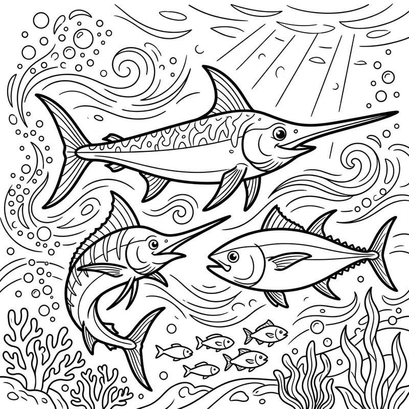 Embark on an exciting underwater journey with this dynamic coloring page featuring magnificent pelagic fish. Kids will love bringing to life the speedy swordfish, mighty marlin, and sleek tuna as they explore the open ocean.