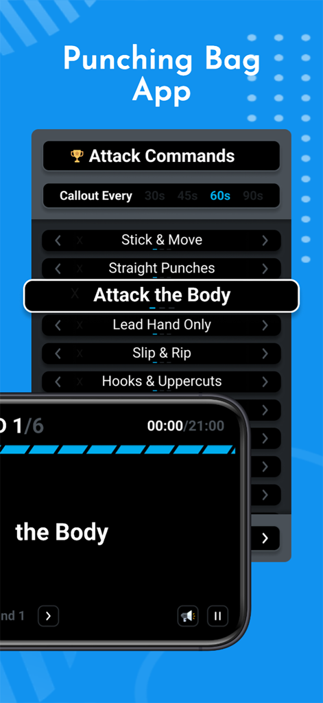 Interface of PRO BOXING app showing heavy bag attack commands and technical drills