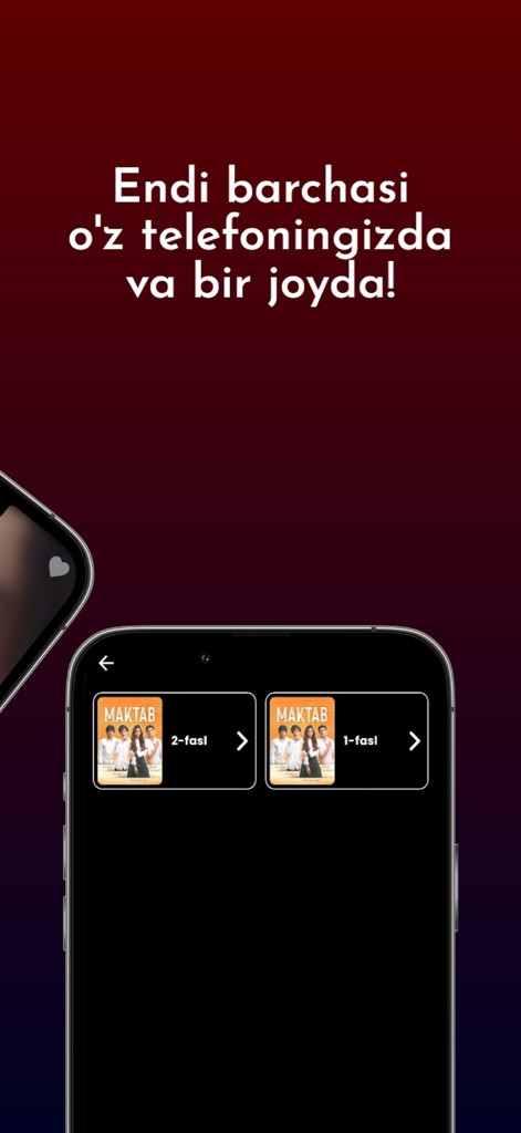 Yangi TV - Yangi TV mobile app interface displaying seasons of an Uzbek drama series on a smartphone