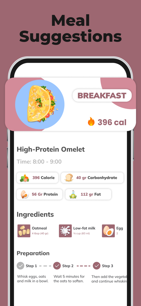 Meal suggestions screen in the Face Yoga app featuring a high protein omelet recipe with nutritional facts and preparation steps.