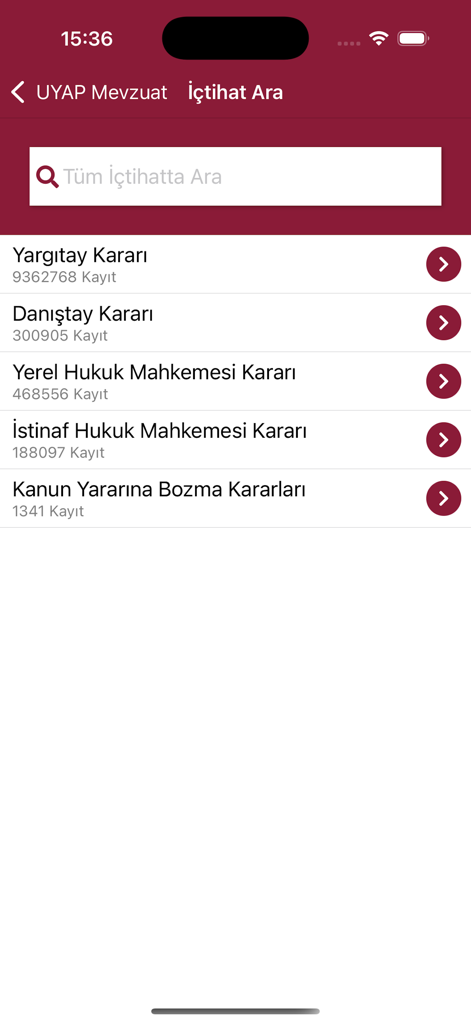 UYAP Mevzuat - UYAP Mevzuatモバイルアプリの画面。様々なトルコ裁判所の判例検索カテゴリを表示