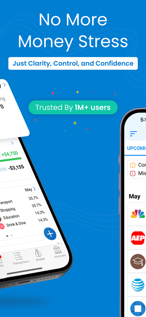 Interfaz de la aplicación TimelyBills que muestra categorías de presupuesto y recordatorios de facturas pendientes con el lema "No Más Estrés Financiero"