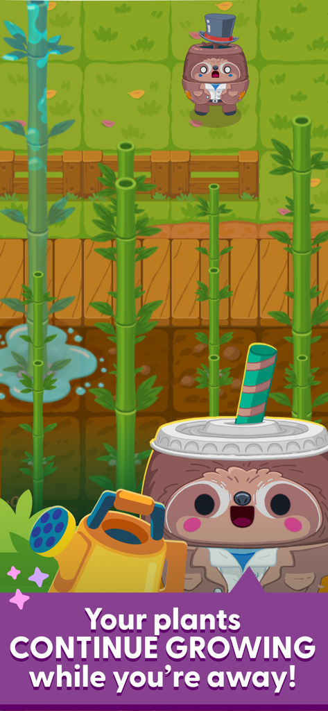 Magic Garden: Grow & Collect - Simpatici personaggi bradipo in un giardino di bambù con testo che spiega che le piante crescono offline