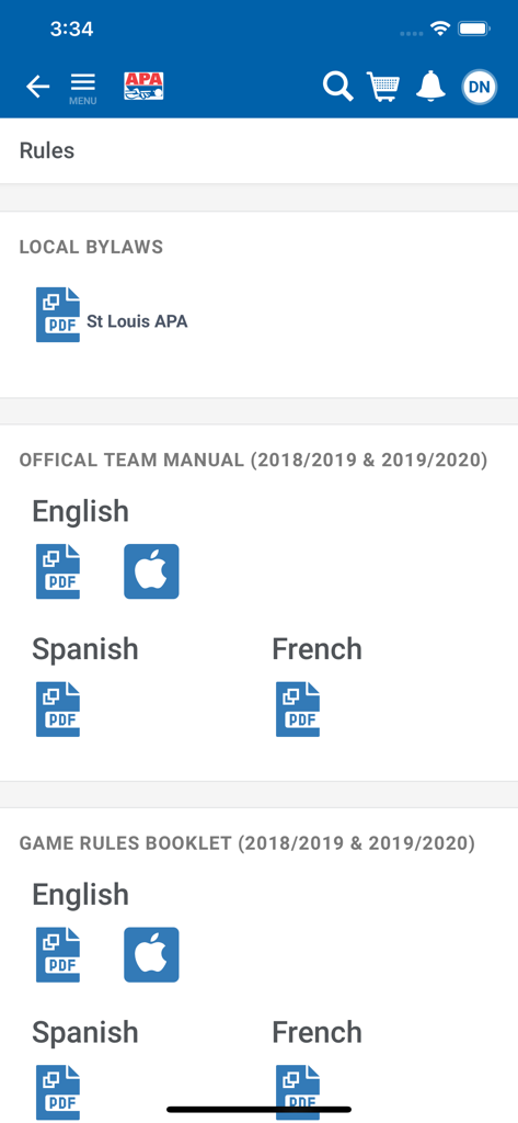 L'écran des règles de l'application APA Pool League fournissant des téléchargements PDF des manuels officiels d'équipe et des règlements locaux.