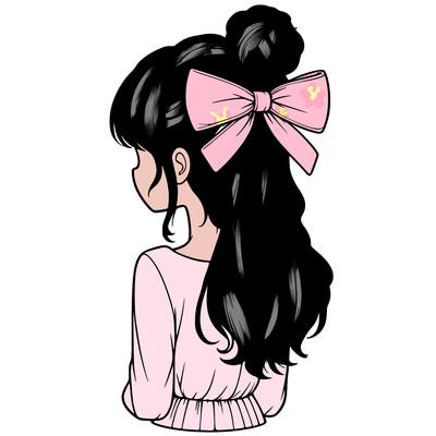 realistic girl  with hip length hair a bun and a big bow on the back of head