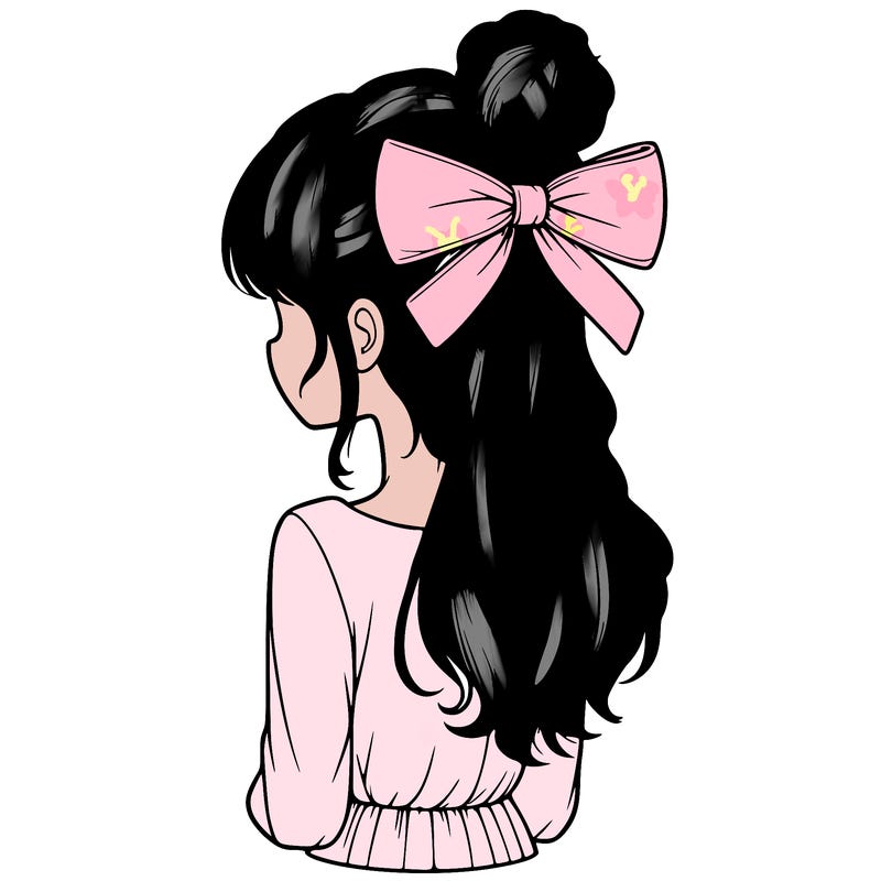realistic girl  with hip length hair a bun and a big bow on the back of head