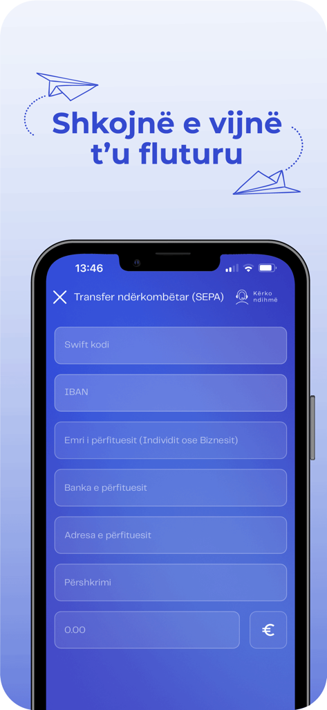 The international SEPA transfer interface of the IBAS app with fields for IBAN and recipient details