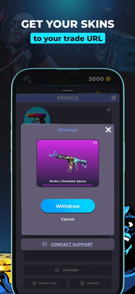 Mobile app screen showing the withdrawal process for a CS2 M4A4 skin in SkinApe