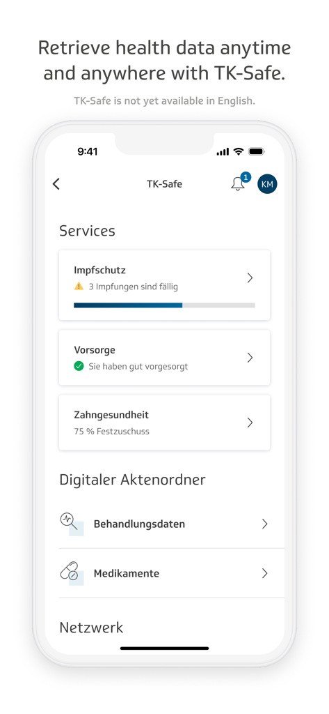 Captura de tela do TK-App exibindo o recurso TK-Safe para gerenciar registros de saúde digitais, incluindo vacinas e tratamentos.