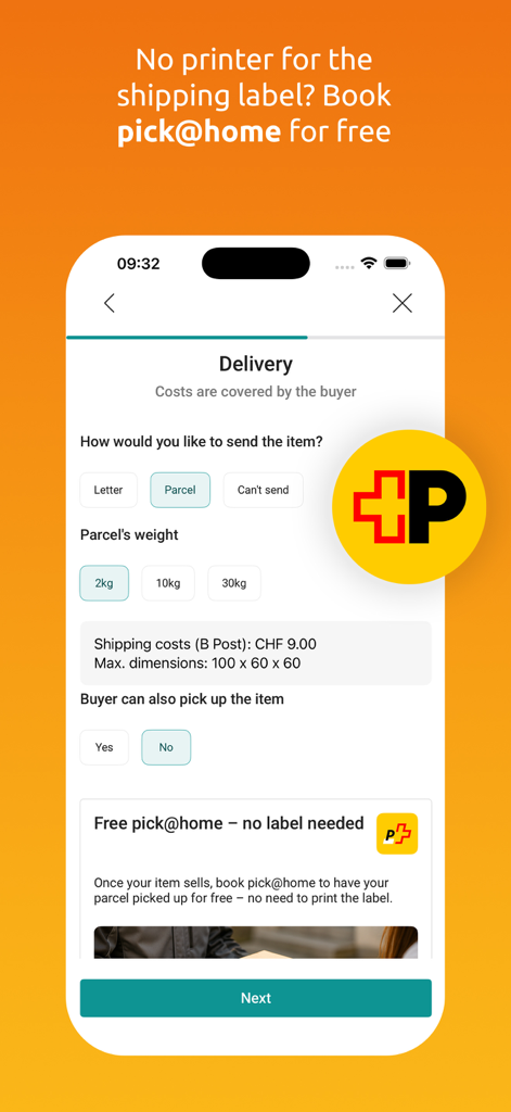 Ricardo App-Bildschirmanzeige für Lieferoptionen mit Versandmöglichkeiten und kostenlosem Abholservice