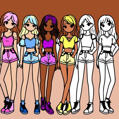 a group of girls wearing crop tops and shorts