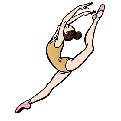 gymnast doing a leap in a leotard with a bent back leg