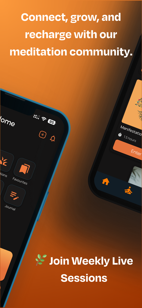 Soma: Wellness & Meditation - A marketing screenshot of the Soma meditation app promoting weekly live sessions and community connection on a warm orange background.