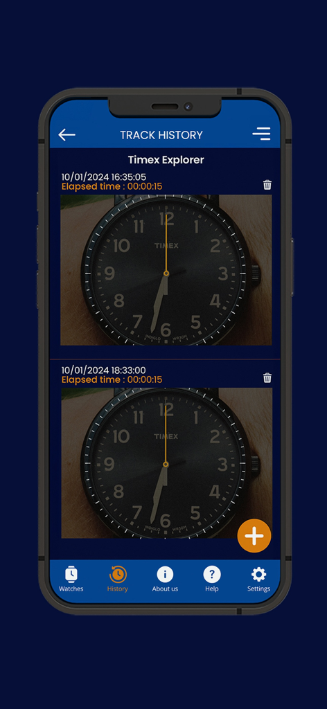 Watch Accuracy Checker - Der Bildschirm 'Tracking-Historie' der Watch Accuracy Checker App zeigt eine Protokollierung von Zeiteinträgen und Fotos für eine Timex Explorer Uhr