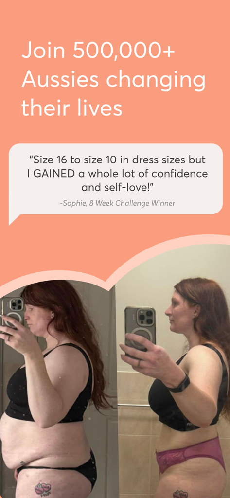 Before and after photos of a woman showing weight loss results from the 28 by Sam Wood fitness program