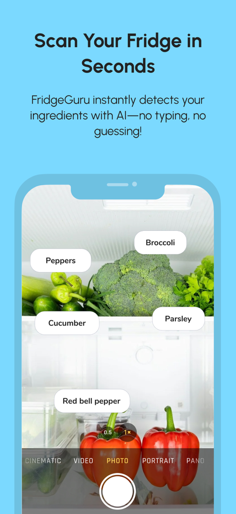 FridgeGuru: Instant Recipes - Una pantalla de smartphone que muestra la aplicación FridgeGuru usando IA para escanear e identificar verduras en un refrigerador.