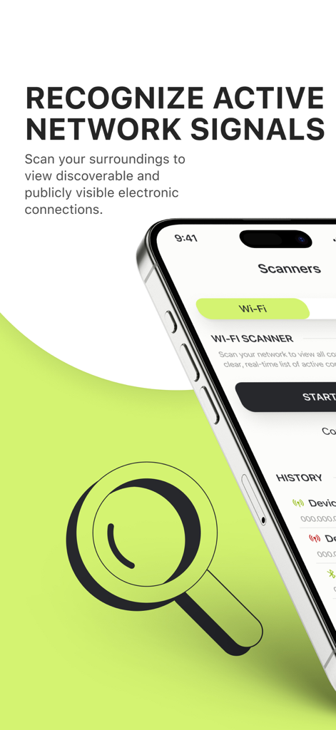 Find & Detect Hidden Trackers - 스마트폰 화면에 돋보기 아이콘이 있는 찾기 및 감지 숨겨진 추적기 앱의 Wi-Fi 스캐너 인터페이스 표시