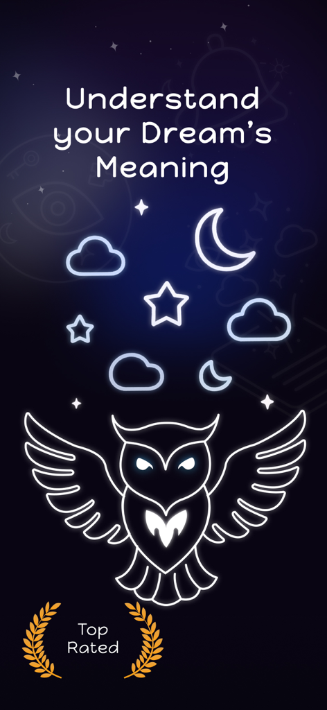 DreamOwl: Dream Journal - Glowing owl illustration with the text Understand your Dream's Meaning from the DreamOwl app
